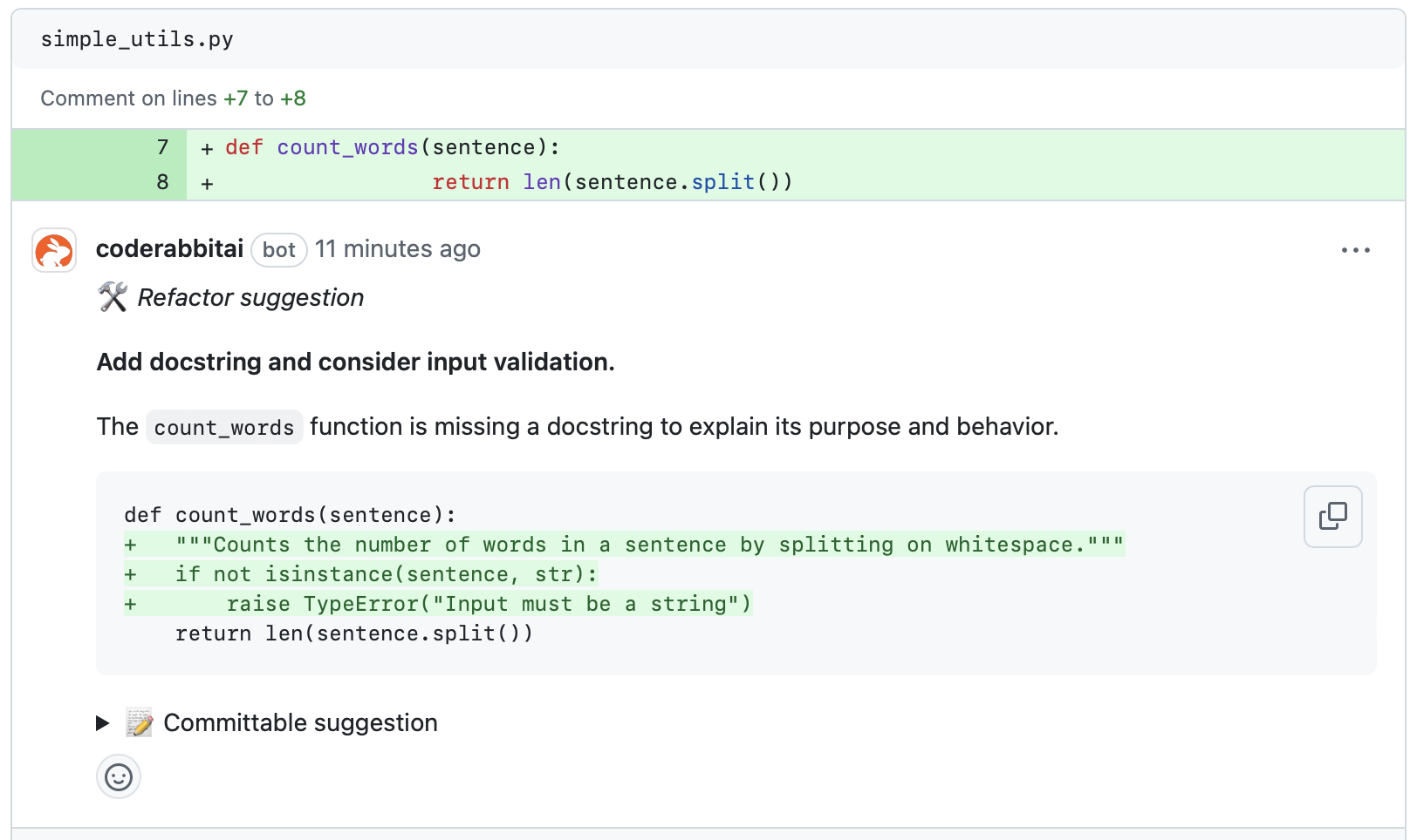 An example code review comment